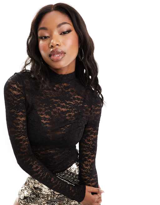 ASOS DESIGN high neck long sleeve lace bodysuit in black