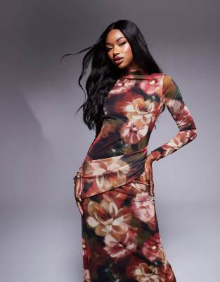 high neck long sleeve maxi dress in floral black print-Multi