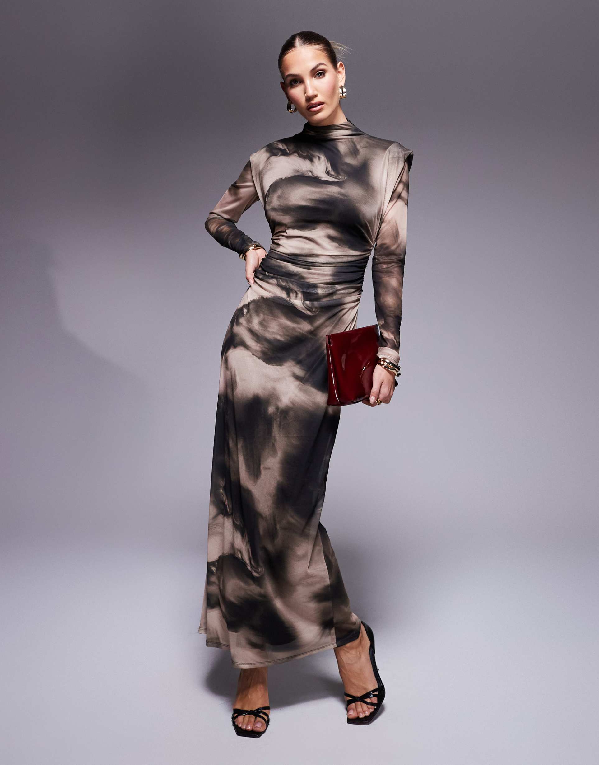 asos design high neck long sleeve maxi dress in tonal marble print