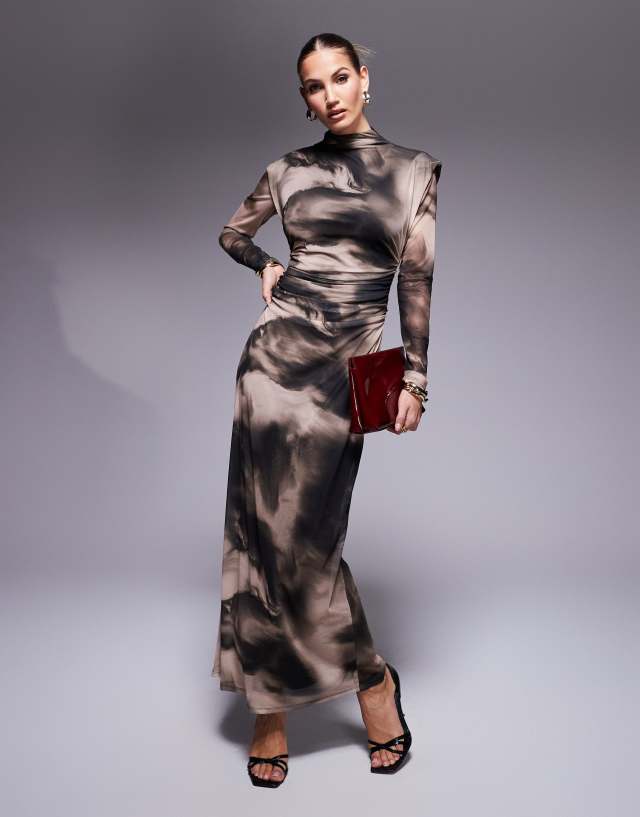 ASOS DESIGN high neck long sleeve maxi dress in tonal marble print | ASOS