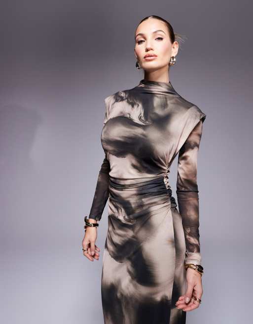 fitted lace wedding dress Long Shirt Dress in Silk Viscose with Marble Print and Mother-of-Pearl  Buttons main image 0