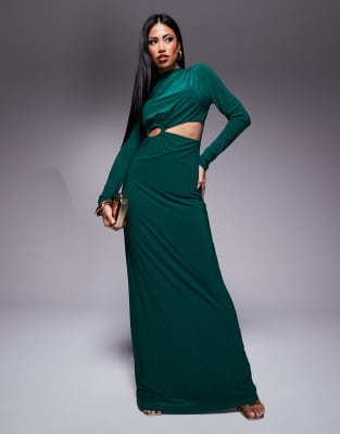 Asos Design High Neck Long Sleeve Maxi Dress With Oversized Gold Trim In Bottle Green