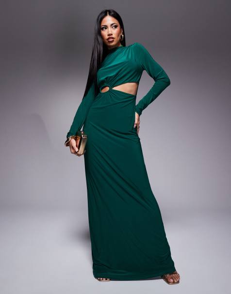 ASOS DESIGN high neck long sleeve maxi dress with oversized gold trim in bottle green - view 1