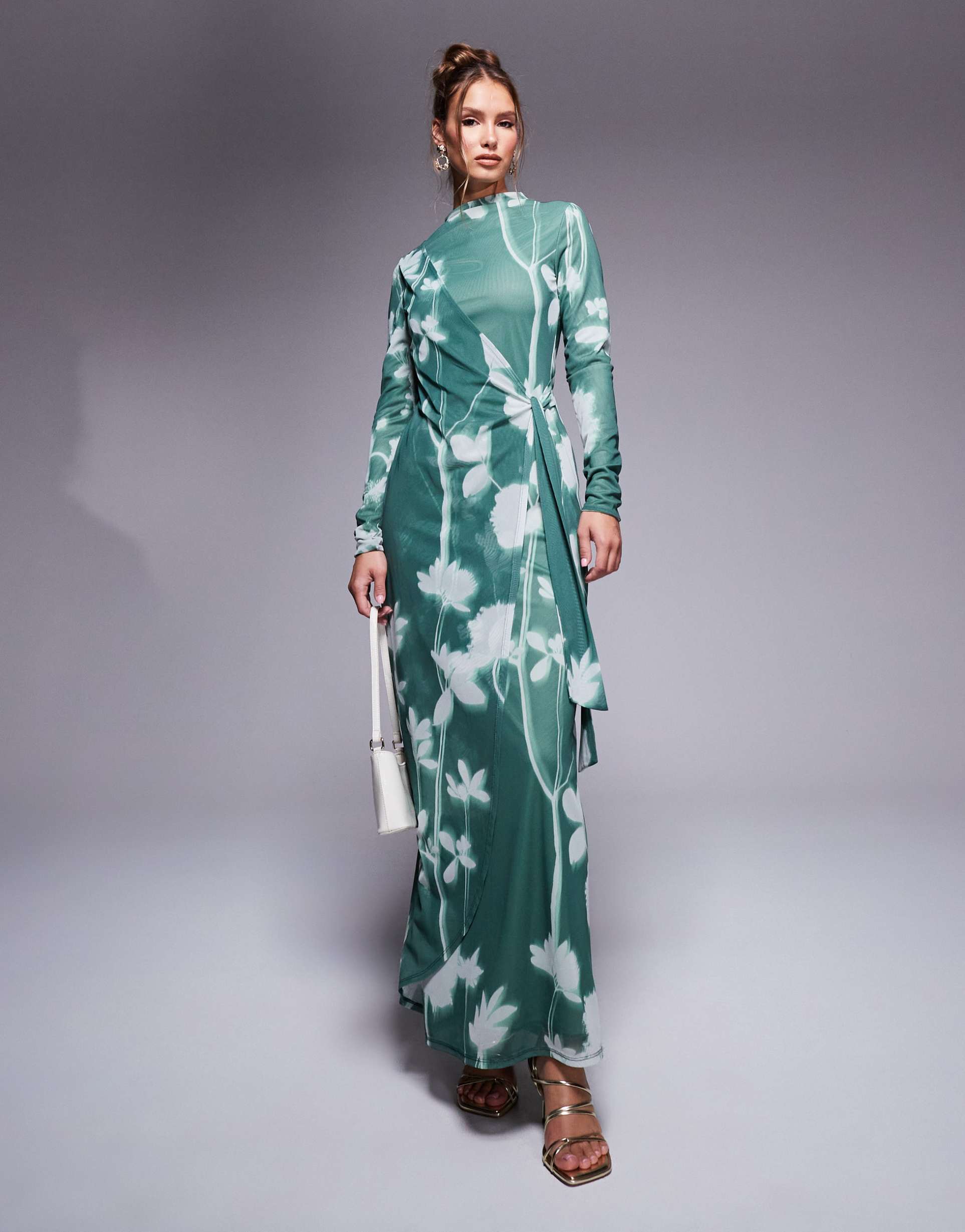 asos design high neck long sleeve maxi dress with wrap tie detail in green floral print