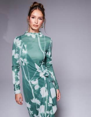 ASOS DESIGN high neck long sleeve maxi dress with wrap tie detail in green  floral print
