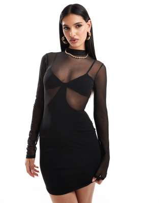 Asos Design High Neck Long Sleeve Mesh 2 In 1 Mini Dress In Black