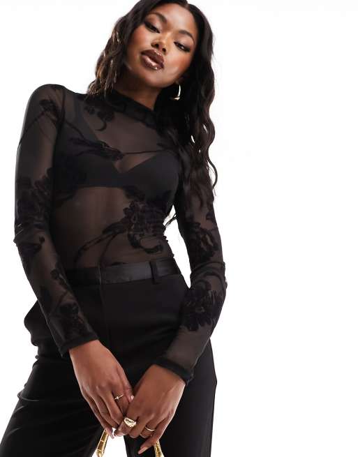 Black Lace Full Sleeve Mesh Bodysuit Top