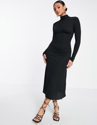 long sleeve high neck dress black