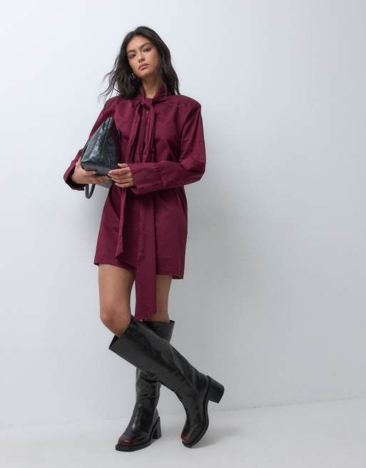 ASOS DESIGN high neck long sleeve mini dress with oversized bow back detail in burgundy, 3 of 5