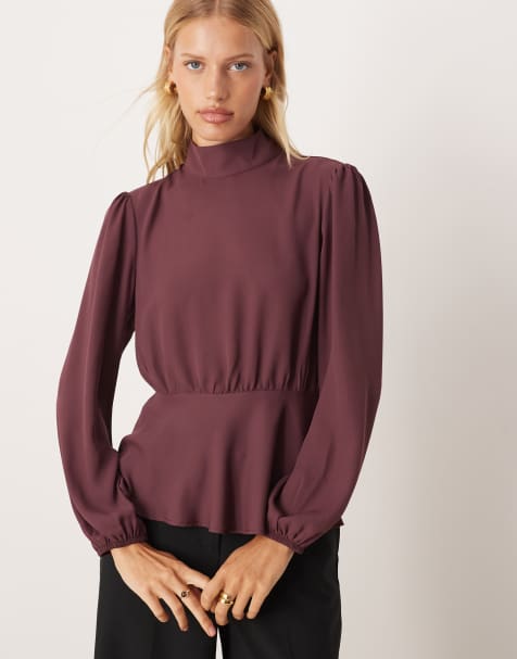 ASOS DESIGN high neck long sleeve peplum blouse in plum - view 1