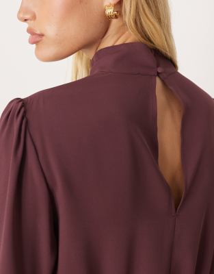 Asos Design High Neck Long Sleeve Peplum Blouse In Burgundy