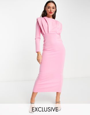 ASOS DESIGN high neck long sleeve pleat midi dress in hot pink