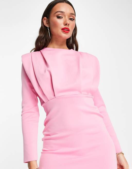 ASOS DESIGN high neck long sleeve pleat midi dress in hot pink