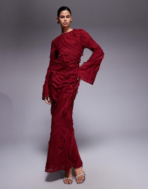 ASOS DESIGN high neck long sleeve raw edge ruffle maxi dress with lace inserts in burgundy - view 1
