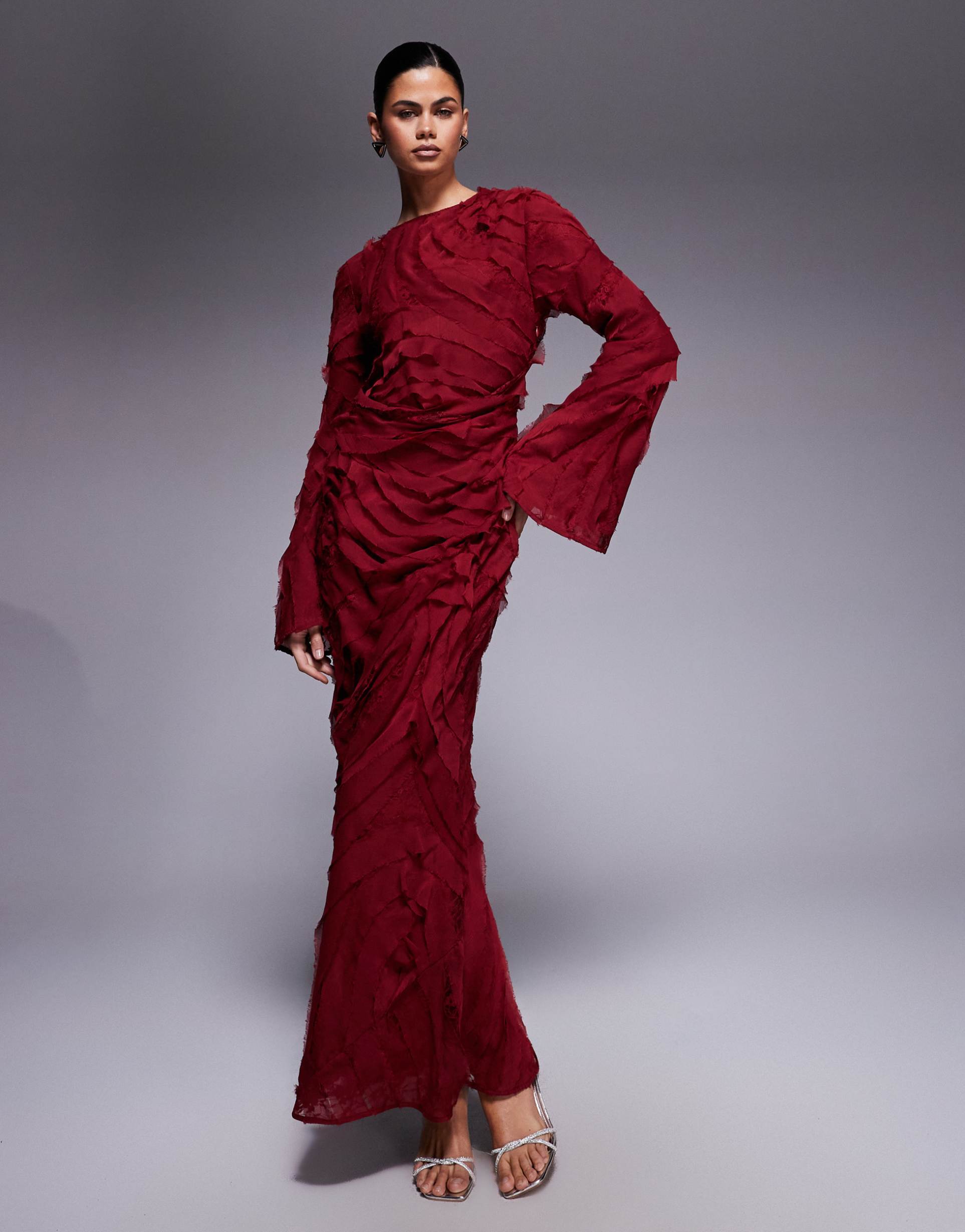 asos design high neck long sleeve raw edge ruffle maxi dress with lace inserts in burgundy