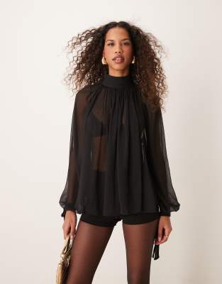 high neck long sleeve smock top with gold buttons in black