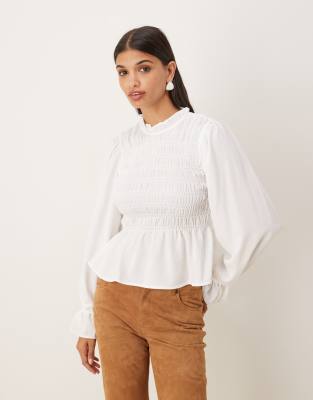 Asos Design High Neck Long Sleeve Smocked Blouse In White