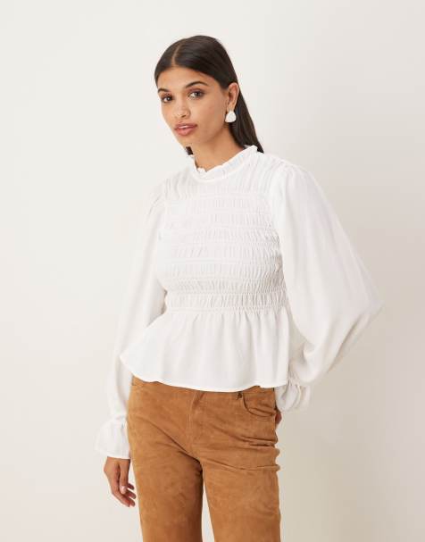 ASOS DESIGN high neck long sleeve smocked blouse in winter white - view 1
