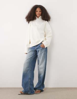 Asos Design High Neck Long Sleeve Top With Quarter Zip In White