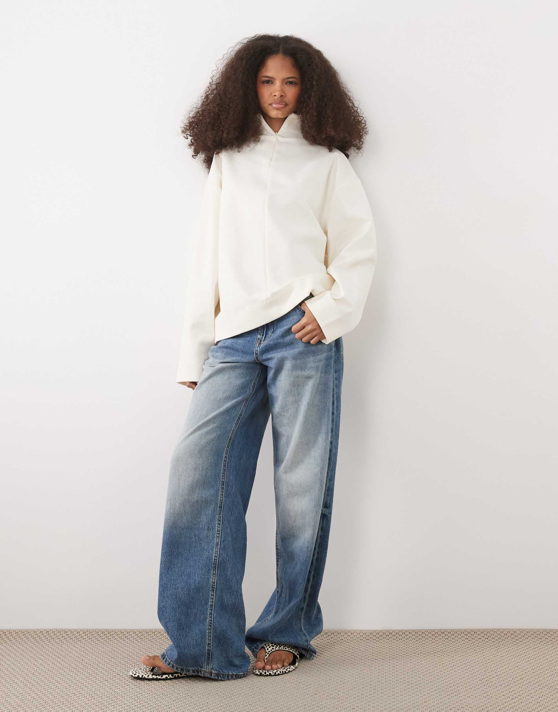 asos design high neck long sleeve top with quarter zip in gray