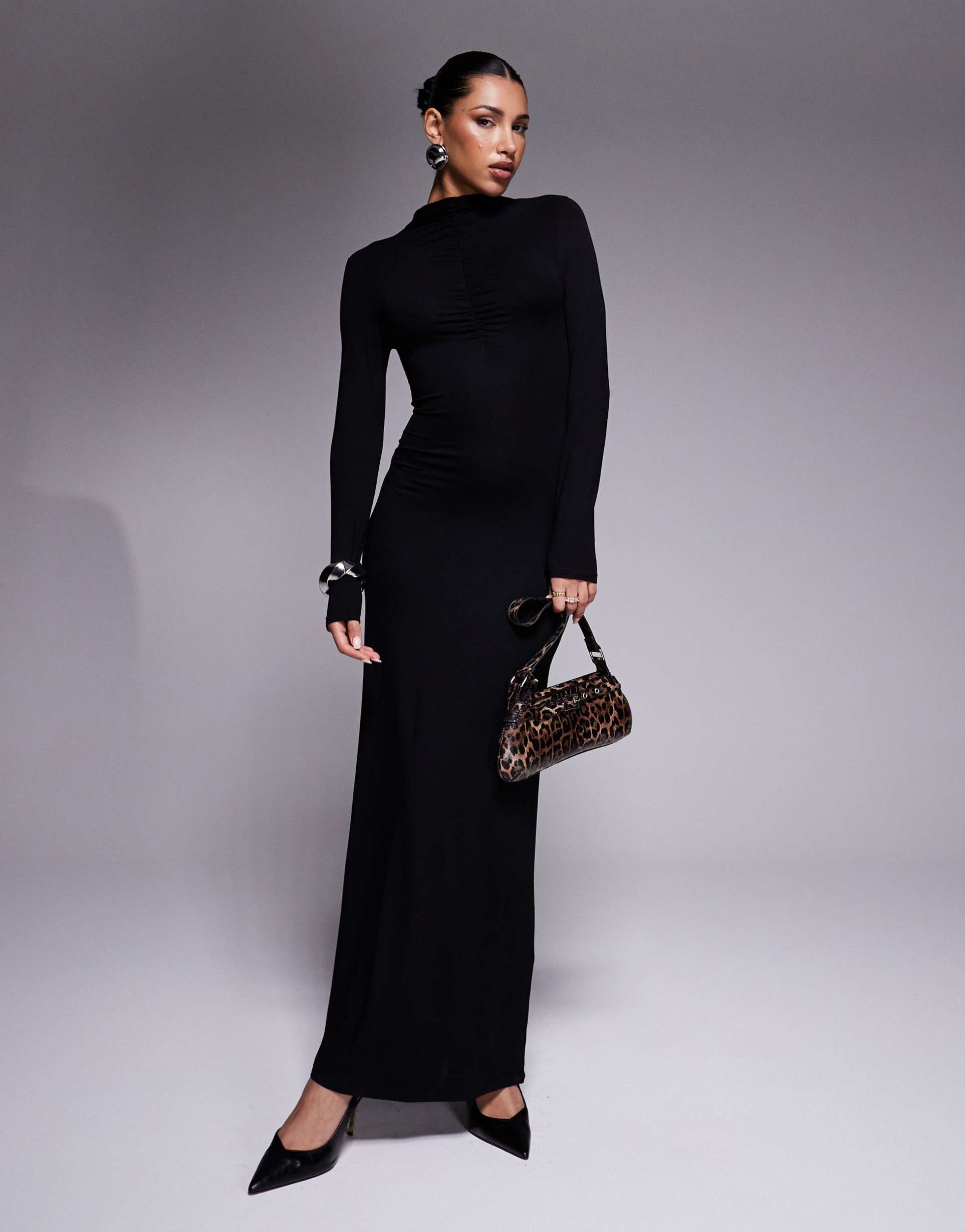 asos design high neck long sleeve with ruching maxi dress in black