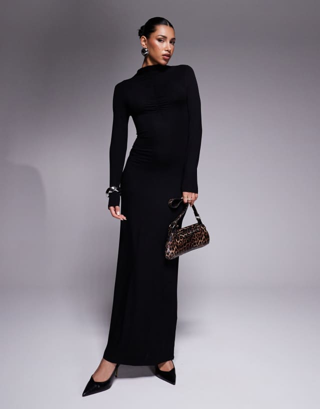 black sleeve dresses ASOS Design High Neck Long with ruching Maxi Dress in Royal Prince Birthday Party bow tie Color Code:13 Sweetheart neckline Pull on