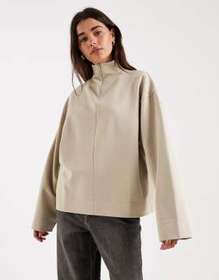 Asos Design High Neck Long Sleeve With Zip Top In Neutral