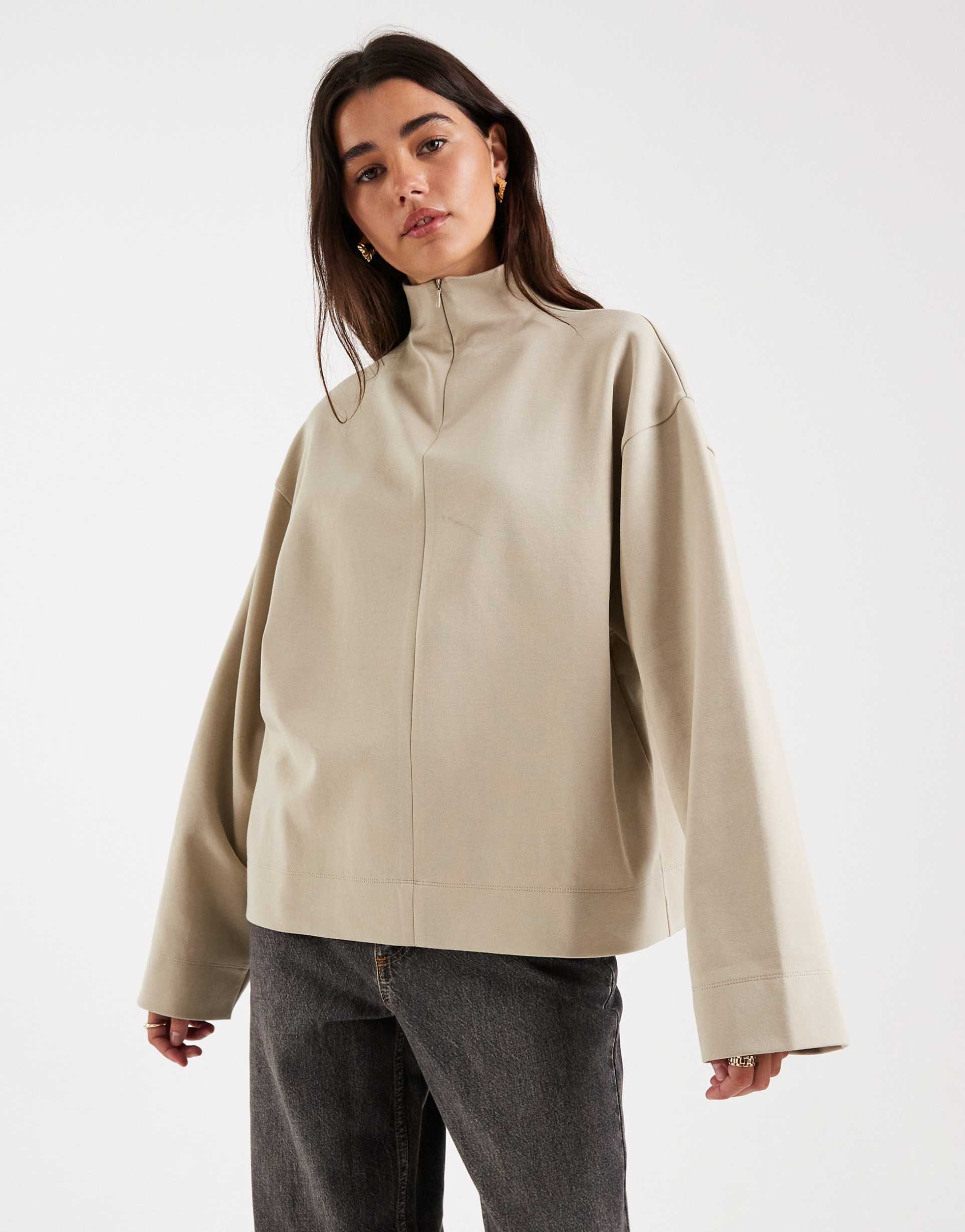 asos design high neck long sleeve with zip top in beige