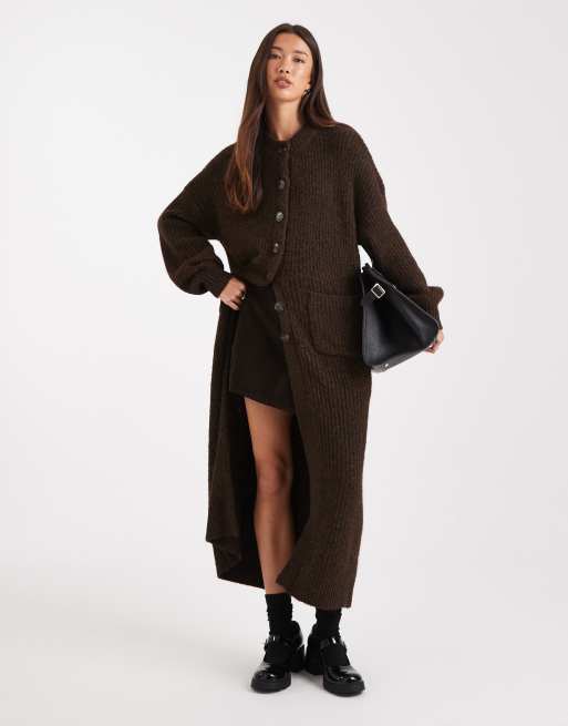 ASOS DESIGN high neck longline knit cardigan in chocolate