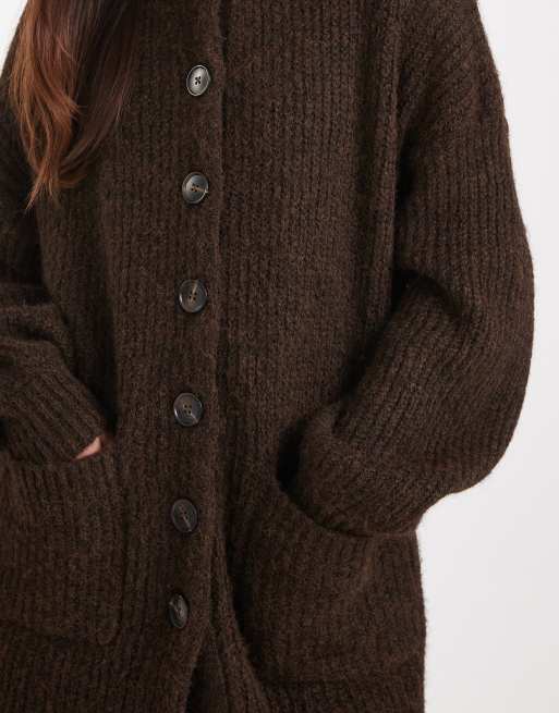 ASOS DESIGN high neck longline knit cardigan in chocolate