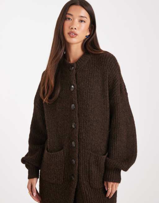 ASOS DESIGN high neck longline knit cardigan in chocolate
