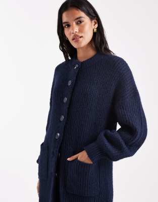 Asos Design High Neck Longline Knit Cardigan In Blue