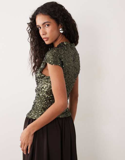 ASOS DESIGN high neck longline wrap matte sequin top in green, 2 of 4