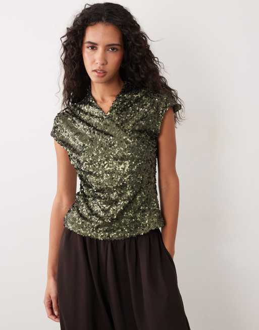 ASOS DESIGN high neck longline wrap matte sequin top in green, 3 of 4