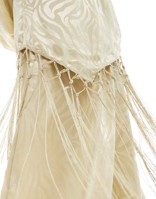 ASOS DESIGN high neck macrame fringe detail maxi dress in pale olive green  | ASOS