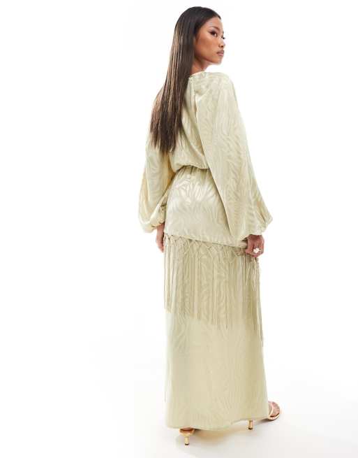 ASOS DESIGN high neck macrame fringe detail maxi dress in pale olive green  | ASOS