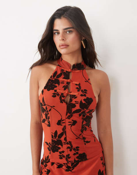 ASOS DESIGN high neck mandarin flocked floral top in orange and black - view 1