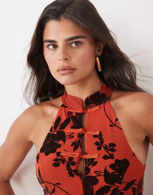 ASOS DESIGN high neck mandarin flocked floral top in orange and black, 2 of 4