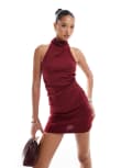 [ASOS DESIGN] ASOS DESIGN high neck manipulated tuck mini dress in dark rose-Pink L Rose Pink