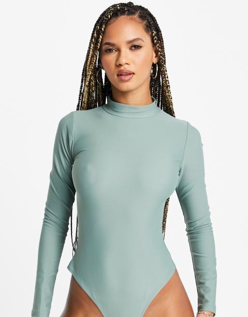 ASOS DESIGN high neck matte disco long sleeve bodysuit khaki