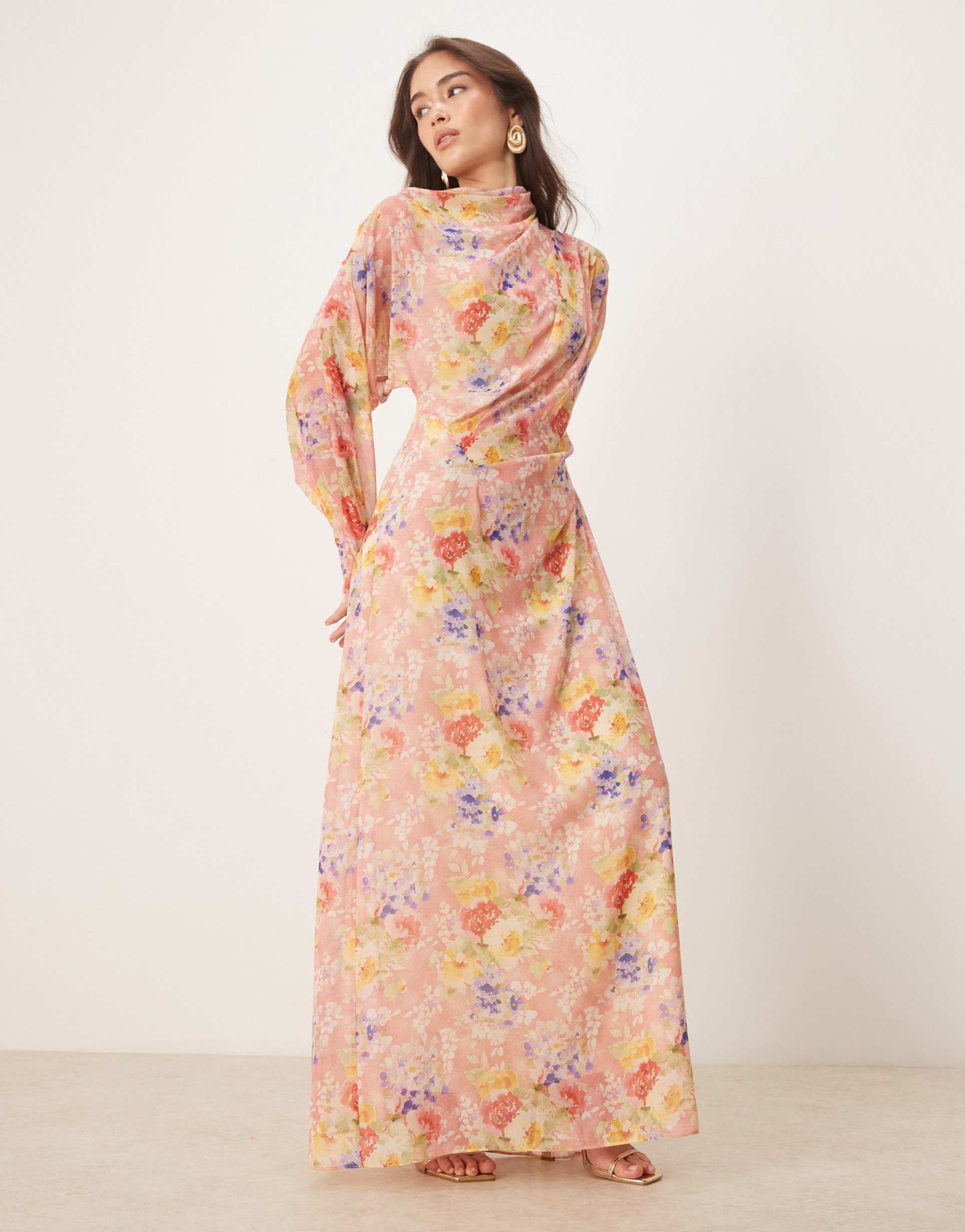 asos design high neck maxi dress in blown up floral print