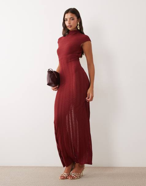 ASOS DESIGN high neck maxi dress in lace knit in burgundy - view 1