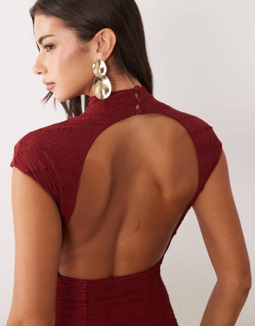 ASOS DESIGN high neck maxi dress in lace knit in burgundy, 2 of 4