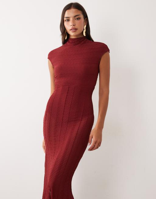 ASOS DESIGN high neck maxi dress in lace knit in burgundy, 3 of 4