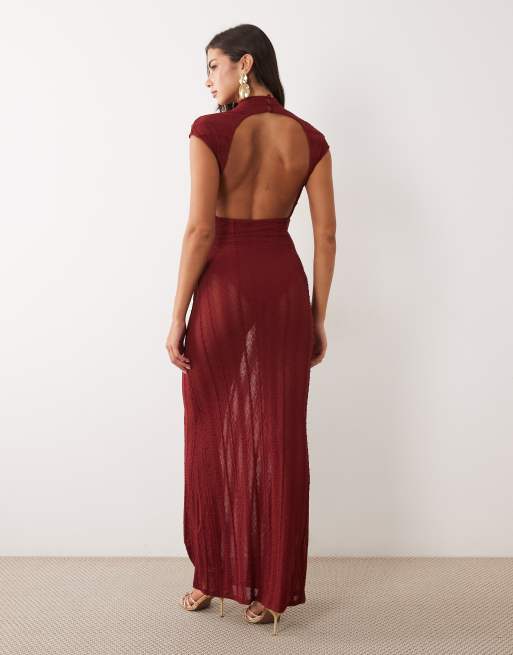 ASOS DESIGN high neck maxi dress in lace knit in burgundy, 4 of 4