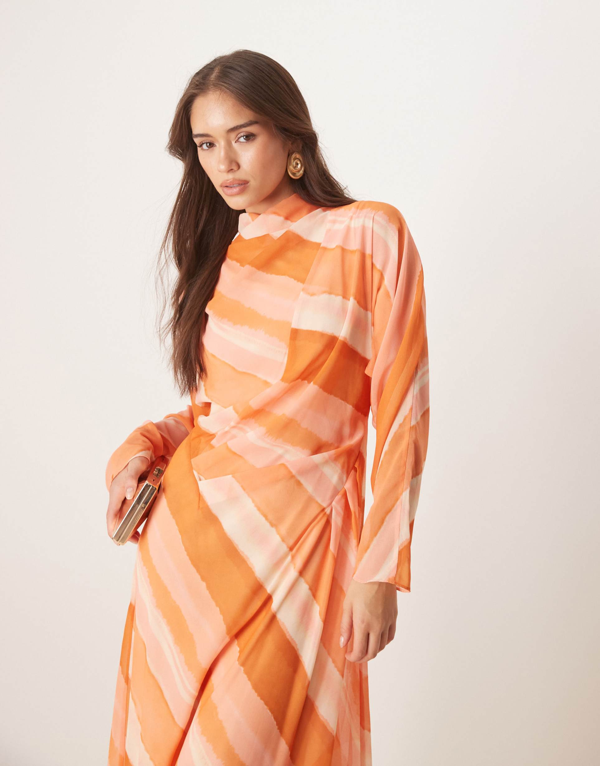 asos design high neck maxi dress in pink striped print