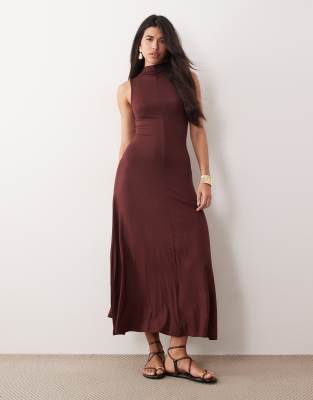 Asos Design High Neck Maxi Dress In Brown