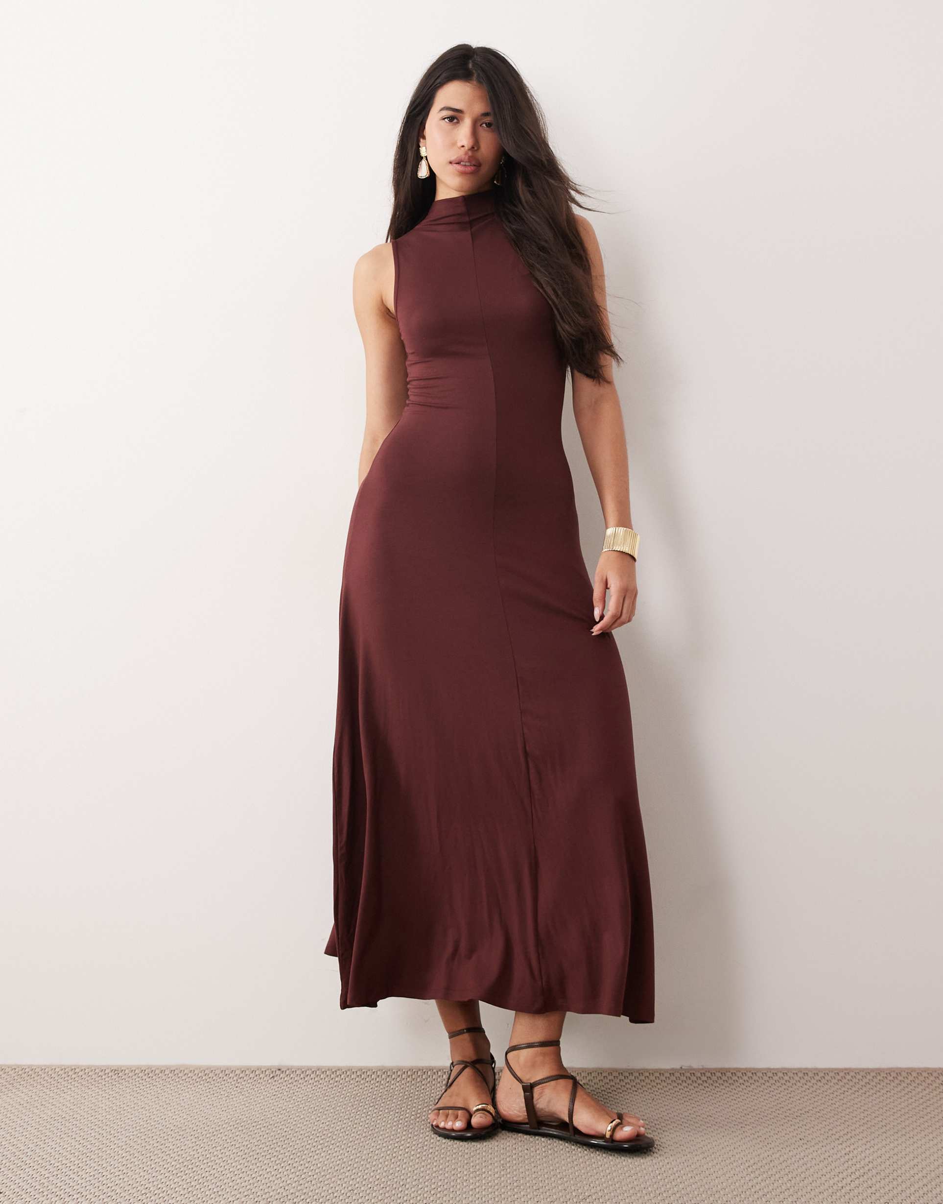 asos design high neck maxi dress in rum raisin