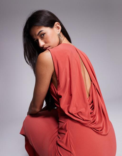 ASOS DESIGN high neck maxi dress with asymmetric cowl back and cut-out detail in burnt orange