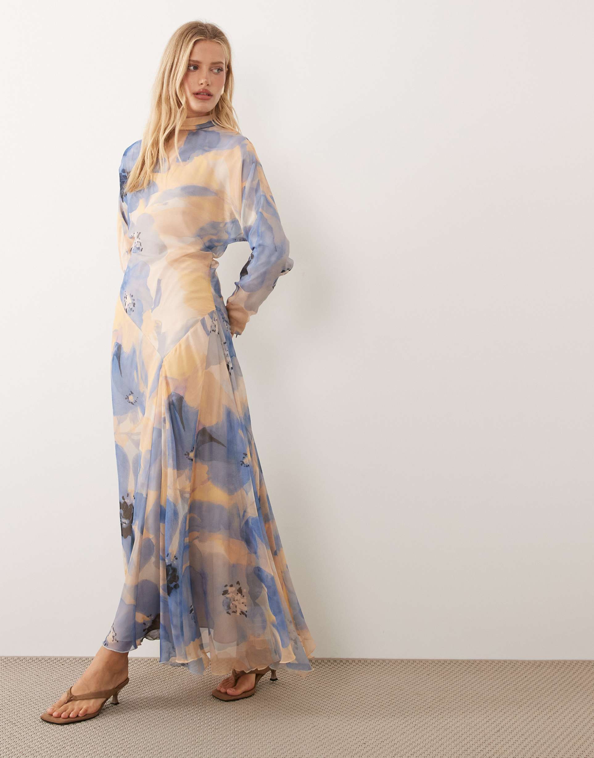 asos design high neck maxi dress with asymmetric waist in blue floral